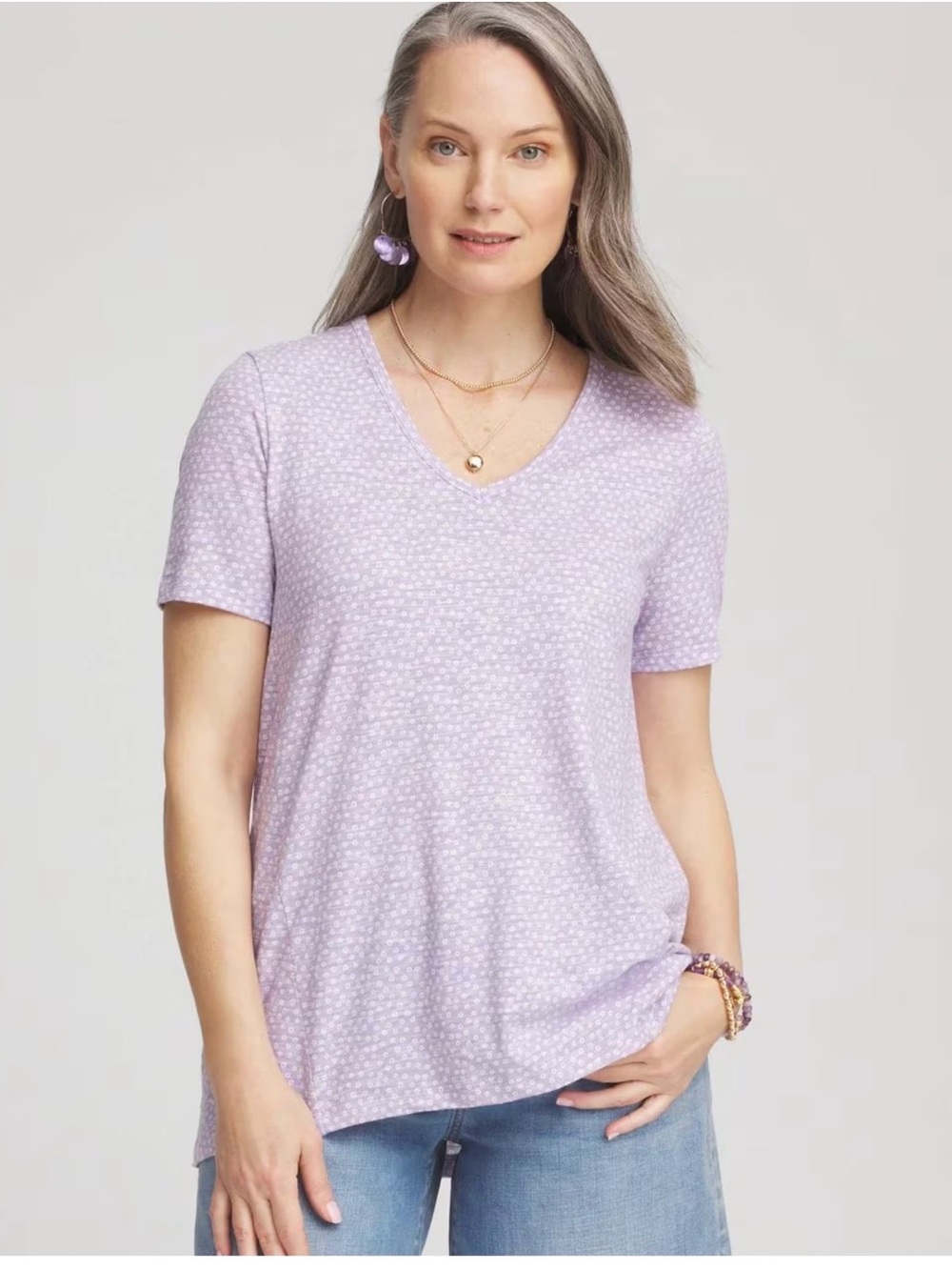Chico's Lilac Micro-Print V-Neck Short Sleeve Top. Women size S . NWT